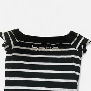 Bebe Black and White Rhinestone Striped Top